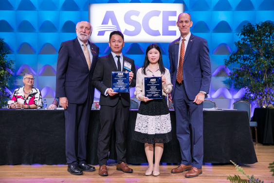 Mr. Liupengfei Wu and Dr. Jinying Xu  receive the Best Paper Award on behalf of the iLab team and photo with ASCE 2022 President Mr. Dennis Truax (retired) and ASCE Executive Director Thomas W. Smith III
 